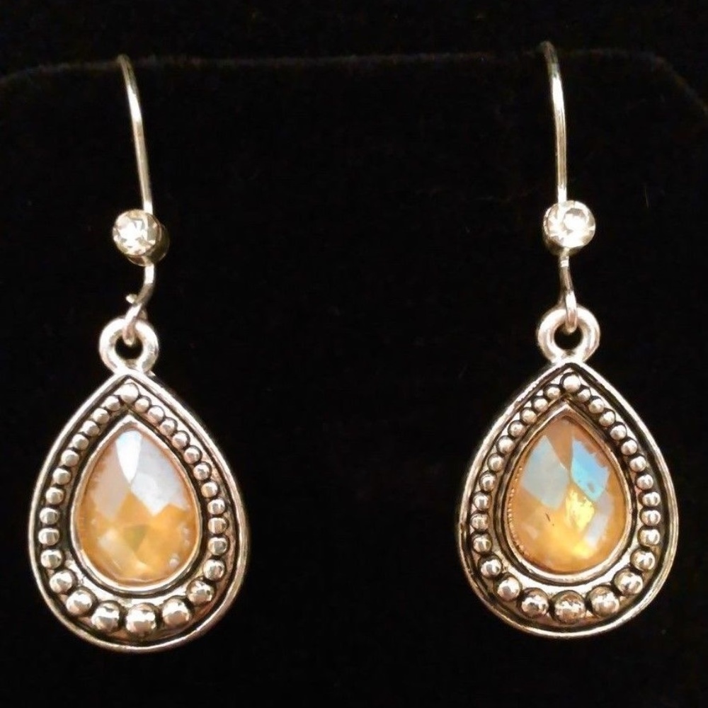 Vintage Silver Teardrop Earrings Yellow Rhinestone